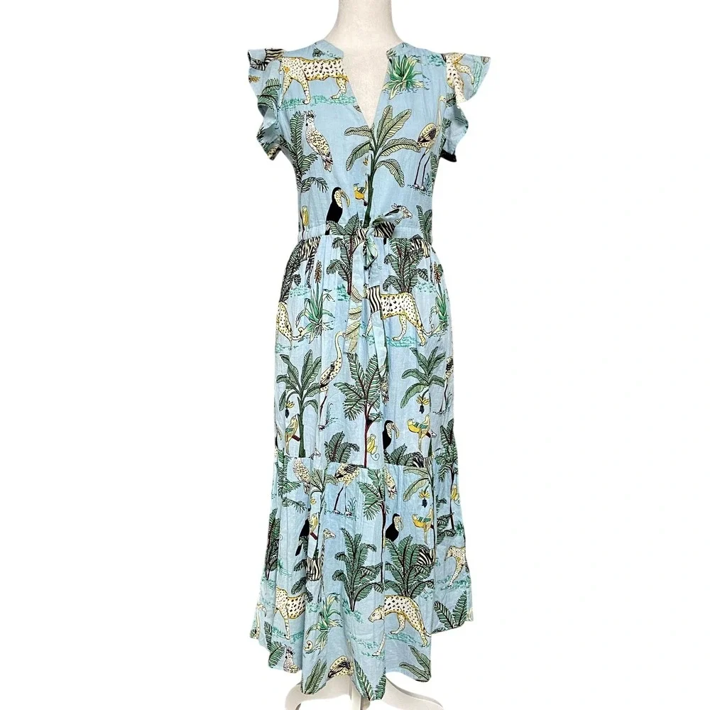 Charlee Aubrey Dress Womens XS Blue Jungle Animal Maxi V Neck Flutter Pockets